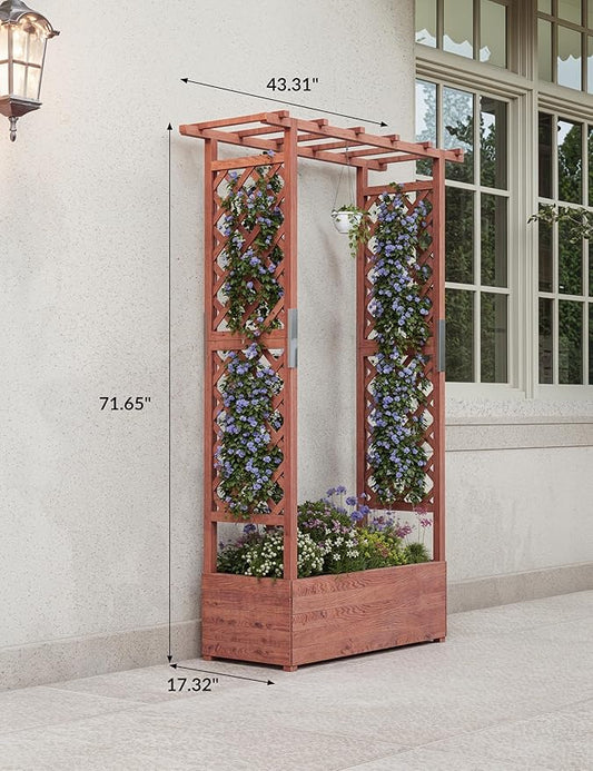 GarveeLife Raised Garden Bed with Trellis, 45 in Wood Planter Box with Side Trellis, Hanging Roof, and 4 Drainage Holes, Freestanding Elevated Garden Bed for Climbing Plants, Vines, Flowers