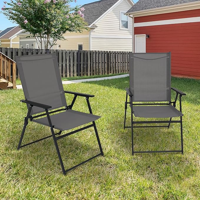 Patio Folding Chairs Set of 4, Outdoor Portable Dining Chair with Sling Back and Armrests for Lawn Camping Courtyard Balcony Garden Grey