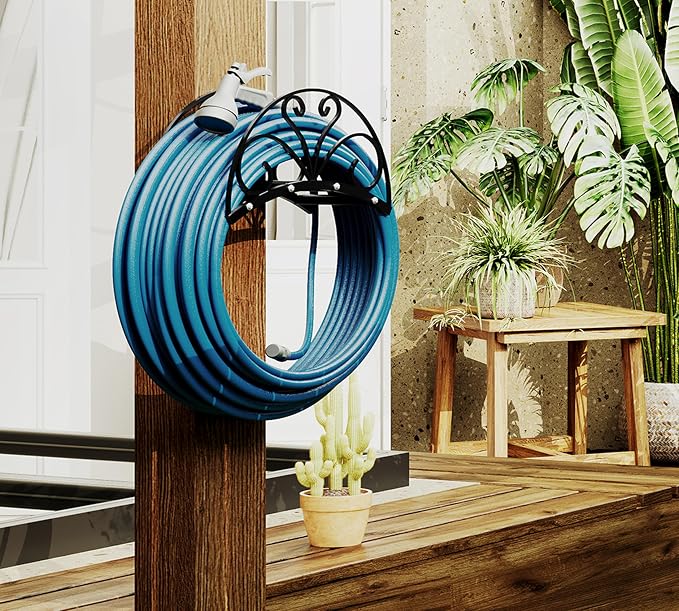 Fire Beauty Heavy-Duty Metal Hose Holder, Wall-Mounted Garden Hose Reel Organizer for Outdoor Yard, Solid Iron Decorative Hanger Storage