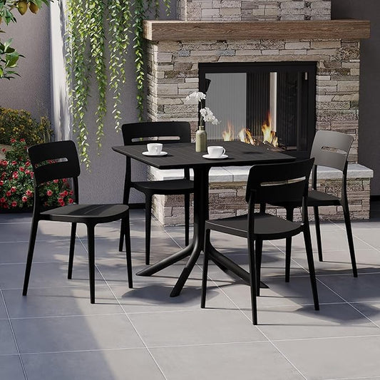Costaelm 5-Piece Outdoor Dining Set, HDPE Patio Square Bistro Table and Stackable Chairs Sets for 4, Patio Furniture All Weather for Backyard Poolside, Black