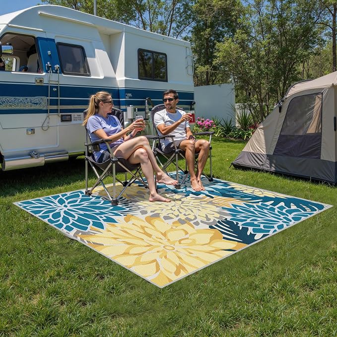 Colorful 9x12 Outdoor Area Rug Washable Multicolored Patio Rug Tropical Botanical Floral Chenille Waterproof Outdoor Carpet Non-Slip for Deck, Backyard, Porch, Ocean Dahlia