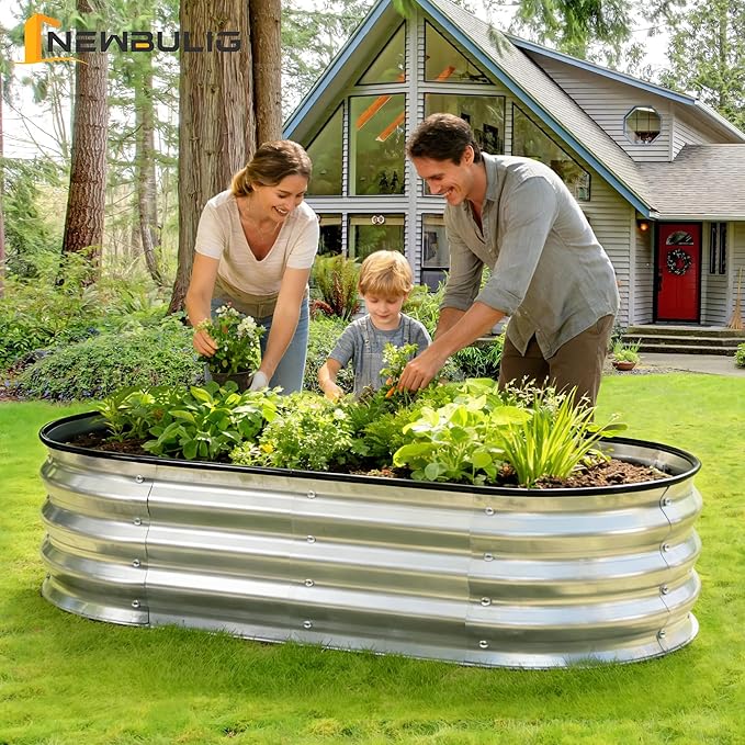 NEWBULIG Heavy-Duty Galvanized Oval Raised Garden Bed for Outdoor, Metal Planter Box with Open Base, Easy Assembly with Safe Edges for Vegetables/Flowers/Herbs