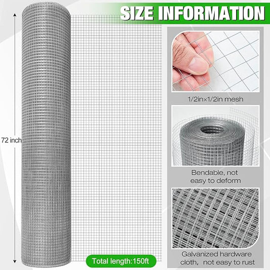 Tatuo Hardware Cloth 1/2 Inch 72in x 150ft Hot Dip Galvanized After Welded Cage Mesh Rolls 21 Gauge Metal Chicken Wire Roll Wire Fencing Poultry Netting for Raised Garden Rodent Animals