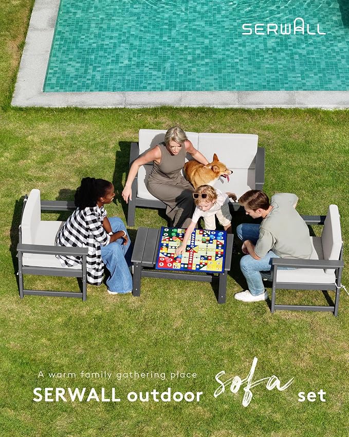 SERWALL 8 Pieces HDPE Outdoor Conversation Sofa Set with Cushions, All Weather Use Couch Loveseat Furniture Set with Pads, Outdoor Social Sofa Coffee Table Set, Grey Frame with Khaki Cushions