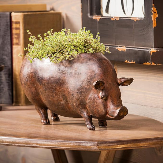 Cape Craftsmen Beautiful Springtime Classic Resin Pig Shaped Statue and Planter Pots for Indoor Plants - 14 x 5 x 6 Inches Small Planter Decoration for Homes, Apartments, Yards and Gardens