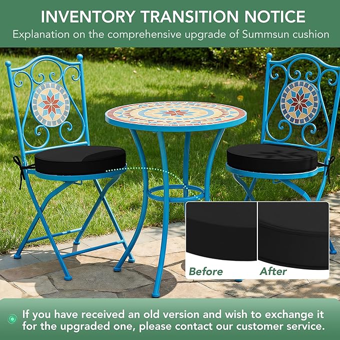 Summsun Outdoor Bistro Chair Cushions Set of 4, 15" D x 3" H Round Chair Cushions Waterproof and Fade Resistant Chair Cushion Pads with Non-Slip Ties and Removable Covers for Garden, Black