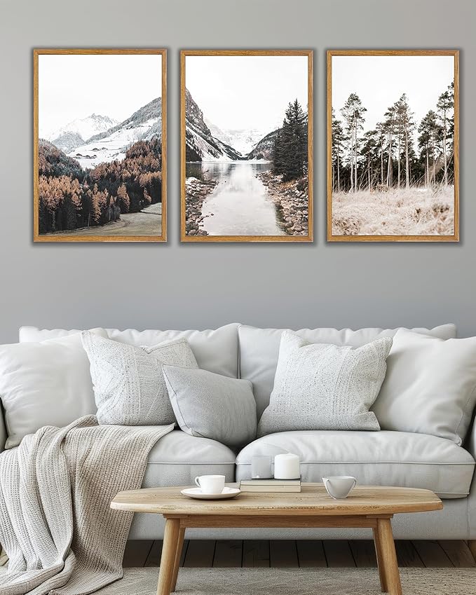 UPWOIGH Large Framed Canvas Wall Art, Set of 3 Pine Trees, 16x24 in Minimalist Cotton Posters, Mountain Landscape Photography, Modern Botanical Aesthetic for Living Room, Bedroom, Office
