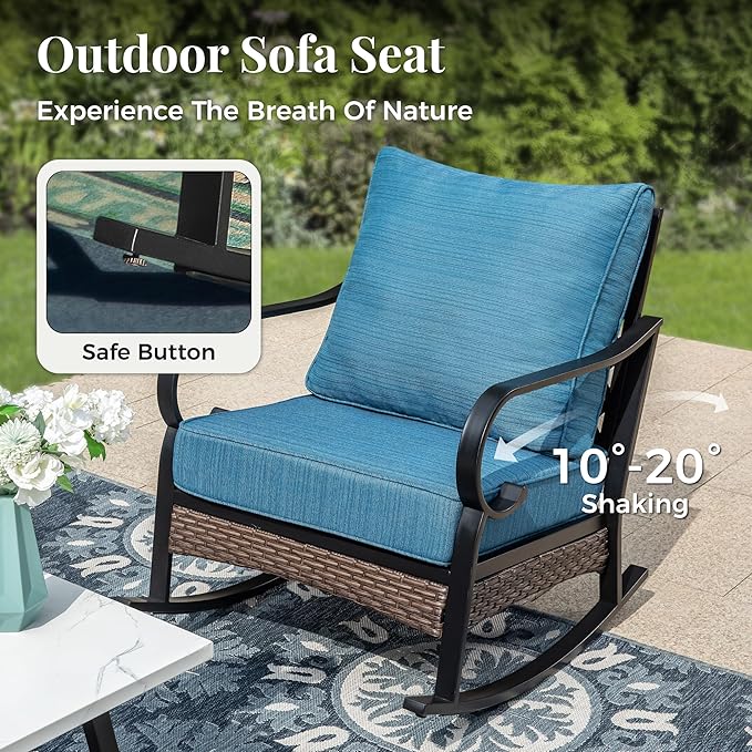 Patio Furniture Set with Firepit Table, Black Frame Outdoor Conversation Set with 2 x Rocking Chairs, 1 x 3-Seat Sofa for Lawn Garden Backyard, Pacific Blue