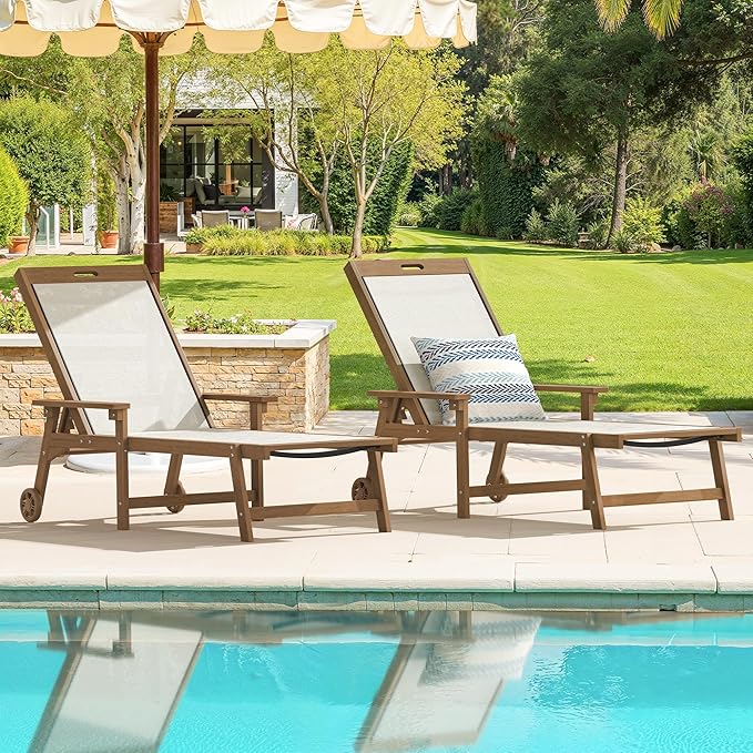LUE BONA Chaise Lounge Chair Outdoor Set of 2, HDPS and HDPE Wicker Chaise Lounger with 5 Positions, Pool Lounge Chairs with Wheels and Adjustable Backrest for Patio, Poolside, Deck, Backyard