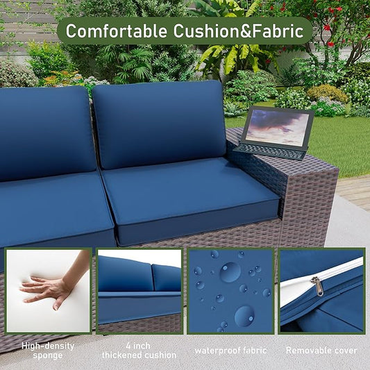 6PCS Outdoor Patio Furniture Set,PE Rattan Wicker Patio Conversation Set with Washable Cushions & Glass Coffee Table,Patio Sectional Furniture Set for Garden, Poolside, Backyard,Navy