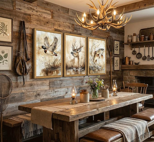 3Pcs Framed Rustic Outdoor Wildlife Canvas Wall Art,Watercolor Deer Duck And Fish Wall Decor Pictures,Vintage Farmhouse Hunting Posters Prints,for Living Room Bathroom Kitche Home Decoration