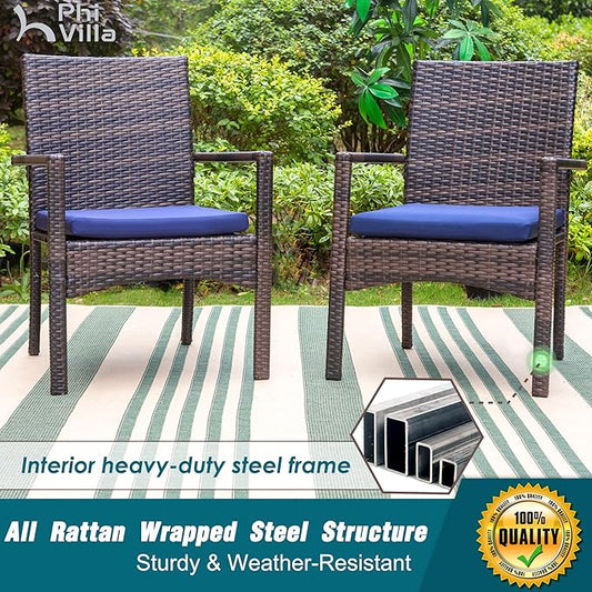 PHI VILLA 7 Piece Outdoor Expandable Dining Table Set for 6, Extendable Rectangular Metal Steel Table and Cushioned Rattan Chairs for Patio, Deck, Yard