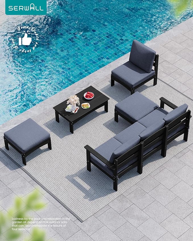 SERWALL HDPE Patio Furniture Set,7 Pieces Patio Conversation Set, All-Weather Modular Patio Sofa Set with Removable Cushions and Coffee Table for Deck, Garden, Porch, Black Frame with Grey Cushion