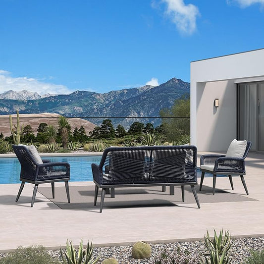 PURPLE LEAF 4-Piece Patio Conversation Set – Wicker Outdoor Furniture with Aluminum Table, 3 Rattan Chairs for 4 People, Thick Sofa Cushions, Ideal for Garden, Backyard, Lawn, or Poolside, Grey