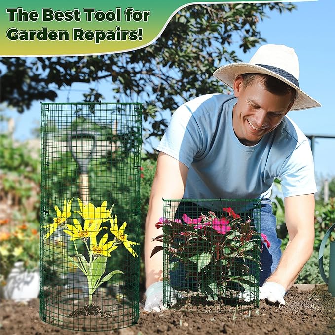 Hiboom 4 Pack Garden Plant Protectors from Animals with Stakes, Metal Mesh and Detachable Covers Wire Plant Cage for Keeping Bunny Animals Out, Chicken Wire Cover Garden Protect (16 * 13 in)