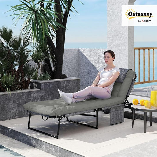Outsunny Folding Chaise Lounge with 4-Level Reclining Back, Outdoor Tanning Chair with Cushion, Outdoor Lounge Chair with Breathable Mesh Fabric, Side Pocket, Headrest, Gray