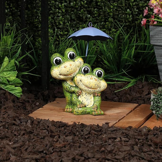 Alpine Corporation QWR1008HH Frog Duo with Purple Umbrella Statue, Playful Statuary Decor for Garden, Patio, & Lawn, 11" H