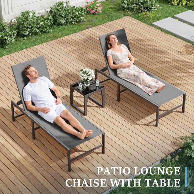 UDPATIO Chaise Lounge Chair Patio Pool Lounge Chair Outdoor with 5 Position Adjustable Backrest Poolside Sunloungers Lay Flat Sunbathing Chaise with Backrest for Patio, Beach, Yard, Pool(Gray)