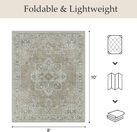 GENIMO Outdoor & Indoor Area Rug 8'x10', Waterproof, Non-Shedding, Easy Cleaning, Boho Mat for Patio, Living Room, Balcony, Dining Room, RV, Deck, Bedroom, Camping, Outside Carpet,Coffee Beige