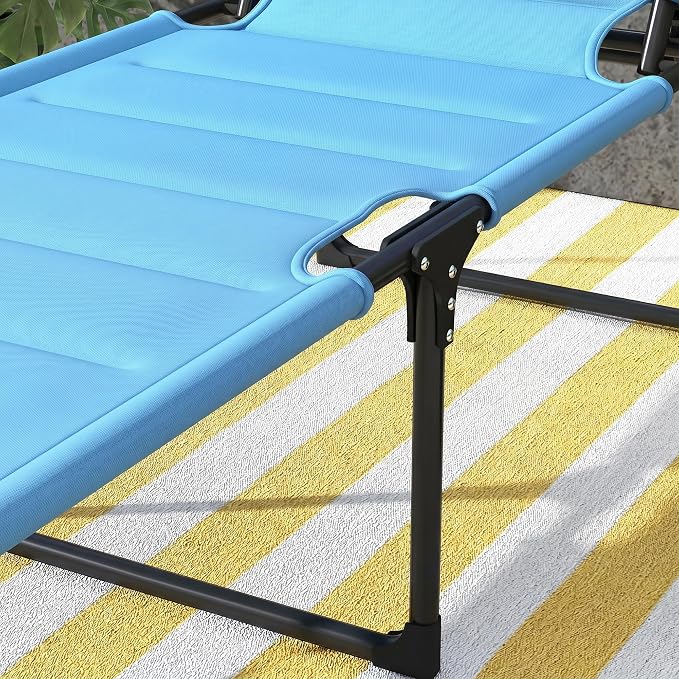 Outsunny Outdoor Lounge Chair, Adjustable Backrest Folding Chaise Lounge, Cushioned Tanning Chair with Sunshade Roof & Pillow Headrest for Beach, Camping, Hiking, Light Blue