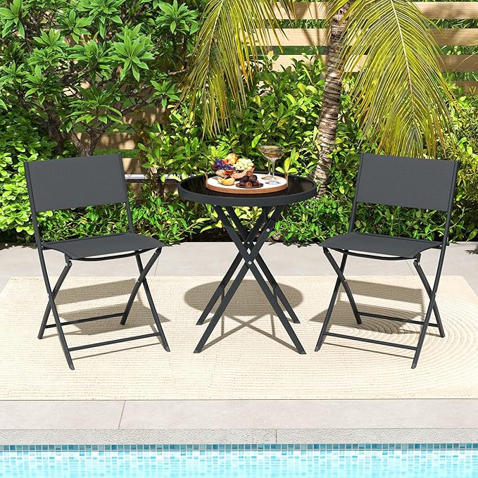Tangkula 3 Piece Folding Bistro Set, Patio Dining Furniture with Breathable Fabric Seat & Tempered Glass Tabletop, Outdoor Metal Frame Table & Chairs Set for Backyard, Garden, Balcony