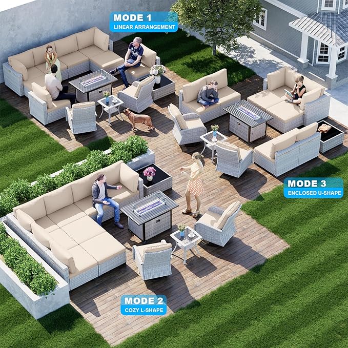 13-Piece Patio Furniture Set, Outdoor Patio Furniture with Swivel Chairs Set, Ottomans, 55,000 BTU Fire Pit Table, Modular Patio Sofa, Dual-Strand Wicker Rattan, Rust-Resistant Frame, Khaki