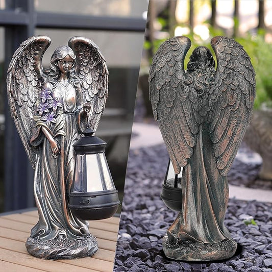 Solar Angel Outdoor Garden Decor Statues – 13.2 inches Solar Outdoor Sculptures for Outside Yard Art Patio Balcony Front Lawn Ornaments Gifts for Mom Grandma Women(Bronze)