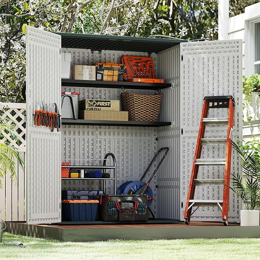 EHHLY Vertical Resin Storage Shed with 2 Shelves, 60 Cuft Garden Tool Sheds & Outdoor Storage, Plastic Outdoor Storage Cabinet Waterproof, 4.5 x 2.3 ft Outside Lawn Mower Storage Shed, Light Grey