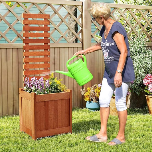 Giantex Wood Raised Garden Bed with Trellis, Outdoor Planter Box w/Open-Ended Base for Climbing Plants, 18'' Planting Depth Freestanding Privacy Planters Trellis Planter for Patio, Backyard