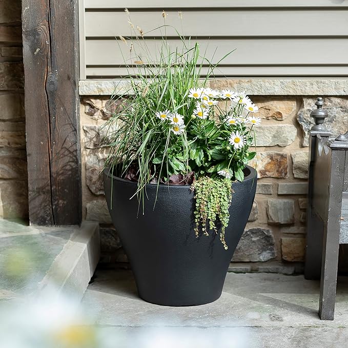 Step2 Fernway Round Planter, Large Planters for Outdoor Plants, Gardening and Flower Pot for Patio or Porch, Efficient Drainage, Durable Plastic, Onyx Black, 1-Pack