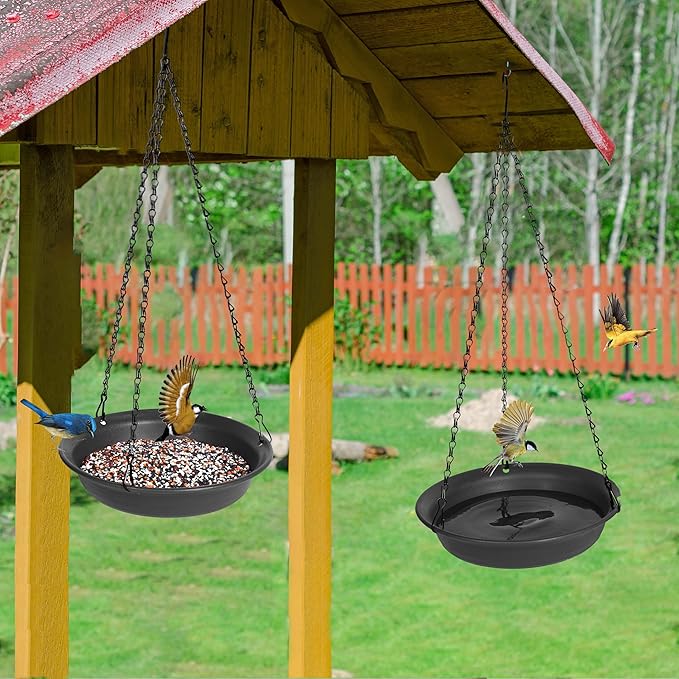 VUWEZ Hanging Bird Bath, Hanging Bird Water Feeder for Outdoors, Feeder Bowl, 1 Pack Birdbath Tray Accessories for Outside, Plastic Birdbaths Tray for Garden Patio Decoration (12", Dark Black)