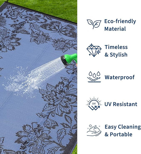 Garvee Outdoor Rugs 9' x 12’ Waterproof Reversible Mats, Large Area Plastic Straw Rug, Outside Carpet, Butterfly Floral Rv Mat for Patio Camping Picnic Backyard Deck Balcony Porch Beach Trailer