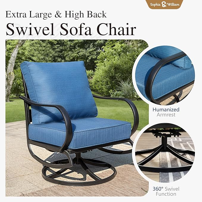 Sophia & William Patio Furniture Sets for 7 Outdoor Conversation Set 7 Pcs with 2 x Swivel Sofa Chairs, 2 x Armrest Chairs, 1 x 3-Seat Sofa, 2 x Ottomans Garden Backyard Poolside Peacock Blue