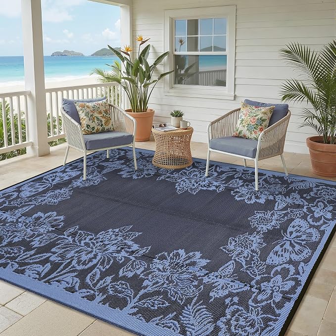 Garvee 5’x8’ Waterproof Patio Outdoor Rug, Outdoor Plastic Straw Rug for Camping, RV Mat Outside, Indoor Outdoor Carpet for Porch, Deck, Backyard, Balcony, Picnic, Dark Blue & Teal