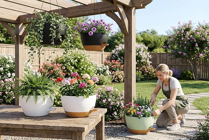 Hanging Planters, 3-Pack 10 Inch Self-Watering Pots with Drainage Holes and Chains, Matte Plastic Planters for Indoor/Outdoor Plant(White)