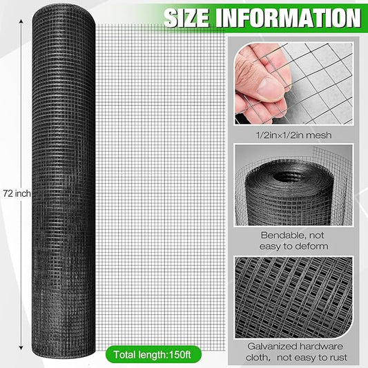 Tatuo Hardware Cloth 1/2 Inch 72in x 150ft Hot Dip Galvanized After Welded Cage Mesh Rolls 21 Gauge Metal Chicken Wire Roll Wire Fencing Poultry Netting for Raised Garden Rodent Animals