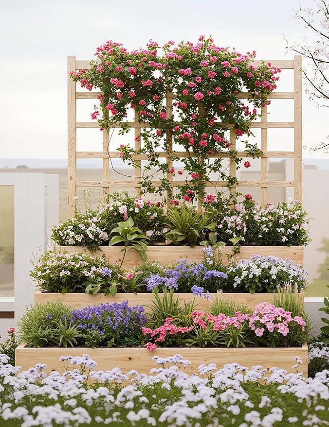 GarveeLife 3 Tier Raised Garden Bed with Trellis, Wooden Vertical Planters with Open-Ended Base for Climbing Plants Vines Flower Herb Vegetable Fruit, Outdoor Planter Boxes for Patio Yard Lawn