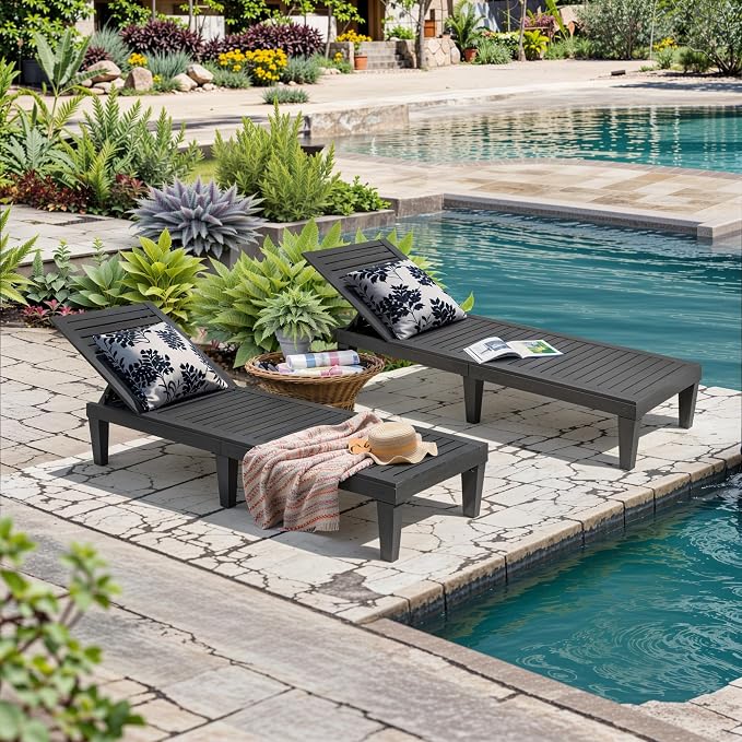 Outdoor Lounge Chairs Set of 2, 5-Position Adjustable Tanning Chairs with Wood Grain, All-Weather Resin Patio Recliners for Pool, Garden, Deck, Beach, Patio Lounge Chairs, Texture Black