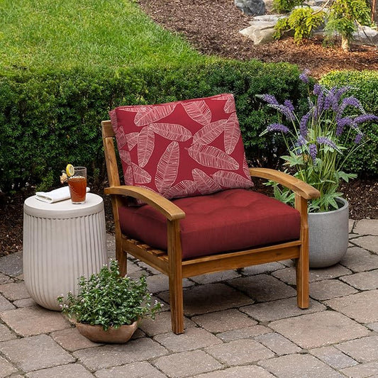 ARDEN Outdoor Plush Modern Tufted Blowfill Deep Seat Set, 24 in x 24 in, Weather-Proof, Rain-Proof, Fade Resistant Patio Cushion, Ultra Cozy Red Leaf Palm