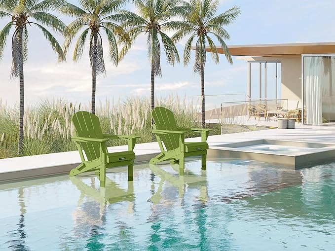 MUCHENGHY Folding Adirondack Chairs Set of 2, Patio Chairs, Lawn Chairs, Outdoor Chair, Adirondack Chair Plastic, Fire Pit, Weather Resistant with Cup Holder for Deck, Backyard, Garden(Lemon Green)