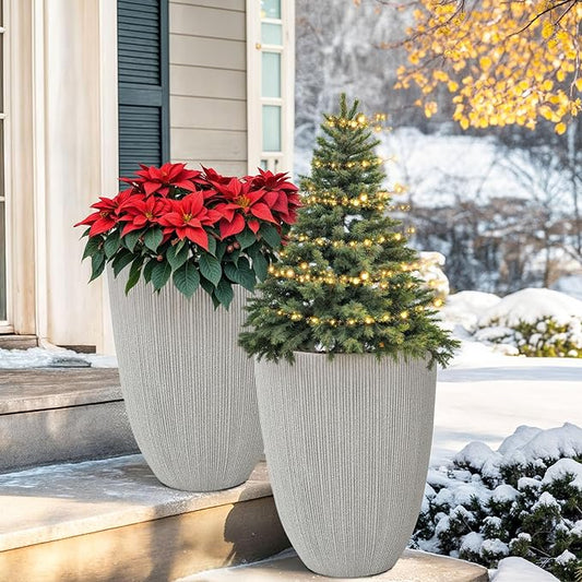 19" H Mediterranean Beige Round Planter for Outdoor Plants,Set of 2 Large Flower Pot with Drainage Hole,Weather-Resistant for Porch,Garden,Patio or Indoor Use, Ideal for Christmas Decoration