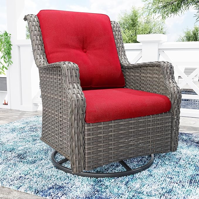 Swivel Patio Chair Outdoors - 360 Degree, Glider Chair with 3.5" Olefin Fabric Cushions (Mixed Grey Rattan/Red)