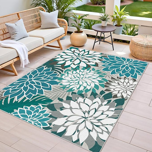Colorful 3x5 Washable Rug for Living Room Tropical Botanical Modern Floral Chenille Area Rugs Low Pile Non Slip Carpet for Patio, Bedroom, Laundry, Teal