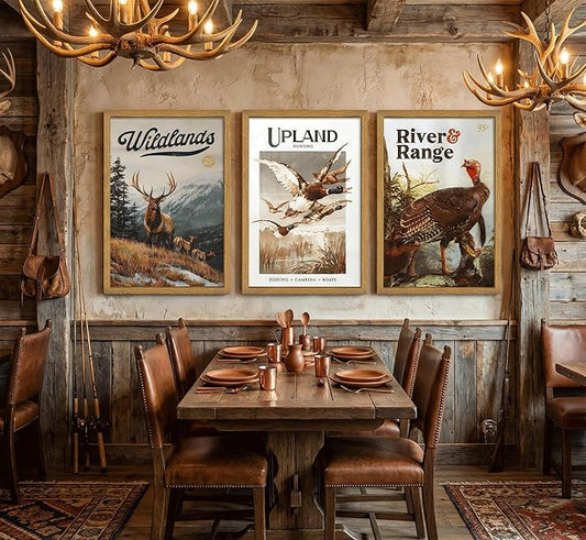 3Pcs Framed Wild Animal Canvas Wall Art Nature Wilderness Deer Wild Duckturkey Wall Decor Pictures Hunting Outdoorsy Cabin Posters Prints Gift Hunter Dad for Living Room Bedroom Home Decoration