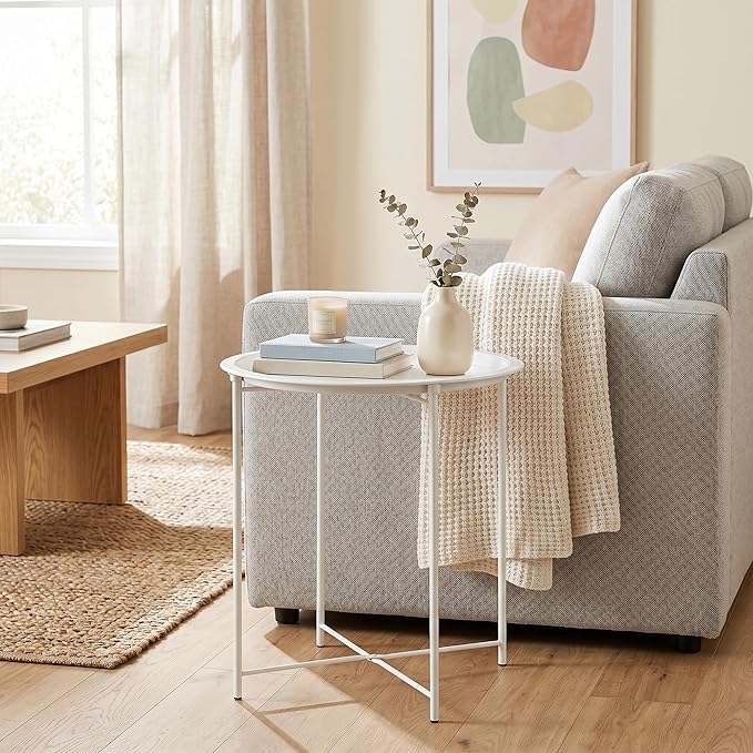VECELO Side/End Table, Folding Round Metal Anti-Rust and Waterproof Outdoor or Indoor Tray for Living Room Bedroom Balcony and Office, 1 PCS, Beige