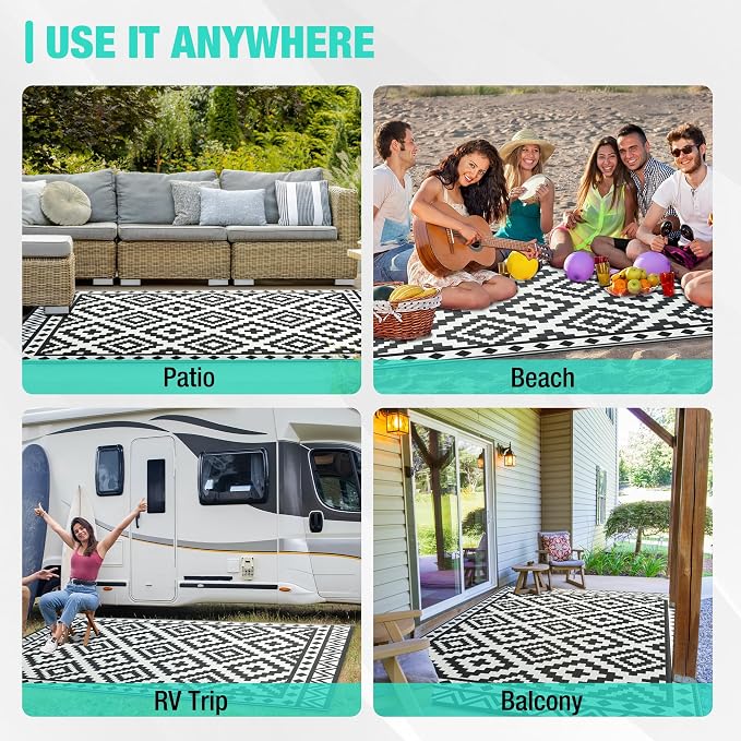HAUSHOF 5'X8' Outdoor Rug Waterproof, Black&White | Camping, Beach, Deck, Porch, Balcony
