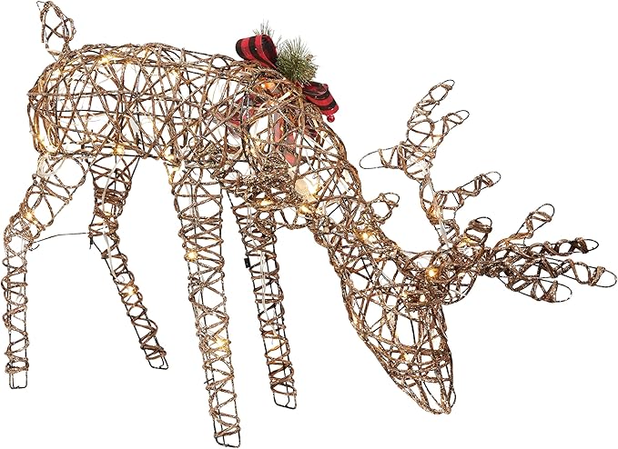 Alpine Corporation 27" Tall Rattan Grazing Reindeer with Bow and LED Lights, Indoor/Outdoor Christmas Lawn and Yard Decor, Festive Holiday Decoration
