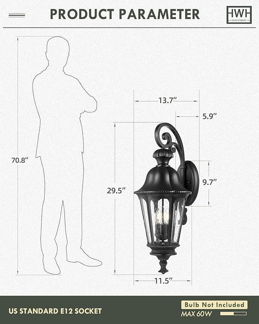 Outdoor Light Fixtures, HWH Exterior Wall Sconce Lantern with Seeded Glass, 29'' Large Outdoor Wall Lamp Antique Porch Light for Patio Garage Entryway, Matte Black Finish, 5HW90B-L BK