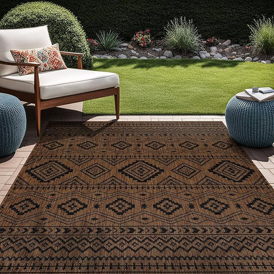 Beverly Rug Waikiki Boho Indoor Outdoor Rug 6x9, Washable Outside Carpet for Patio, Deck, Porch, Bohemian Area Rug, Farmhouse Rugs, Aztec Tribal Rug, Nut Brown and Black