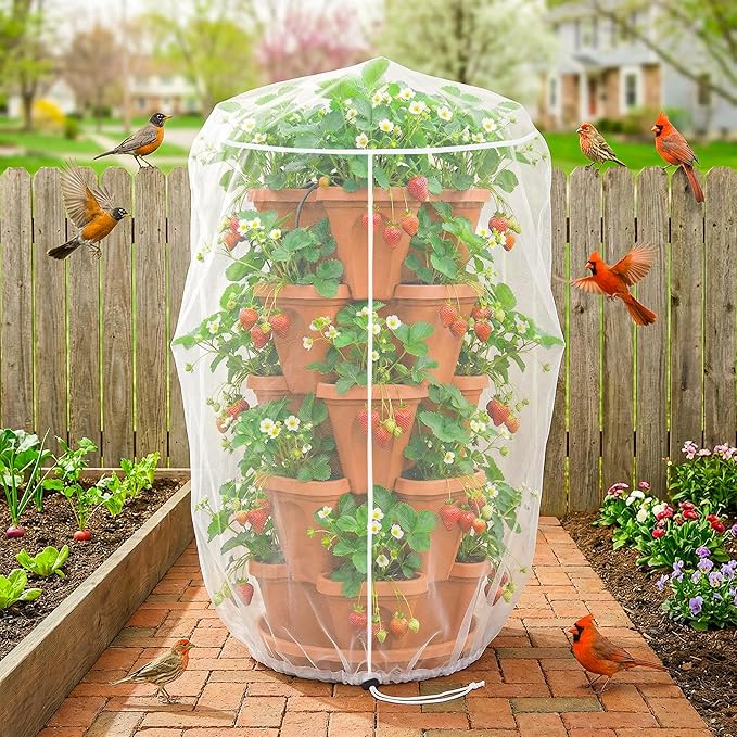 2 Pcs Vertical Plant Pot Insect Netting,5-Tier Stackable Planter Garden Net Cover for Strawberry, Planter Pot Protection Mesh with Drawstring for Strawberry Herb Vegetable Flower Fruit
